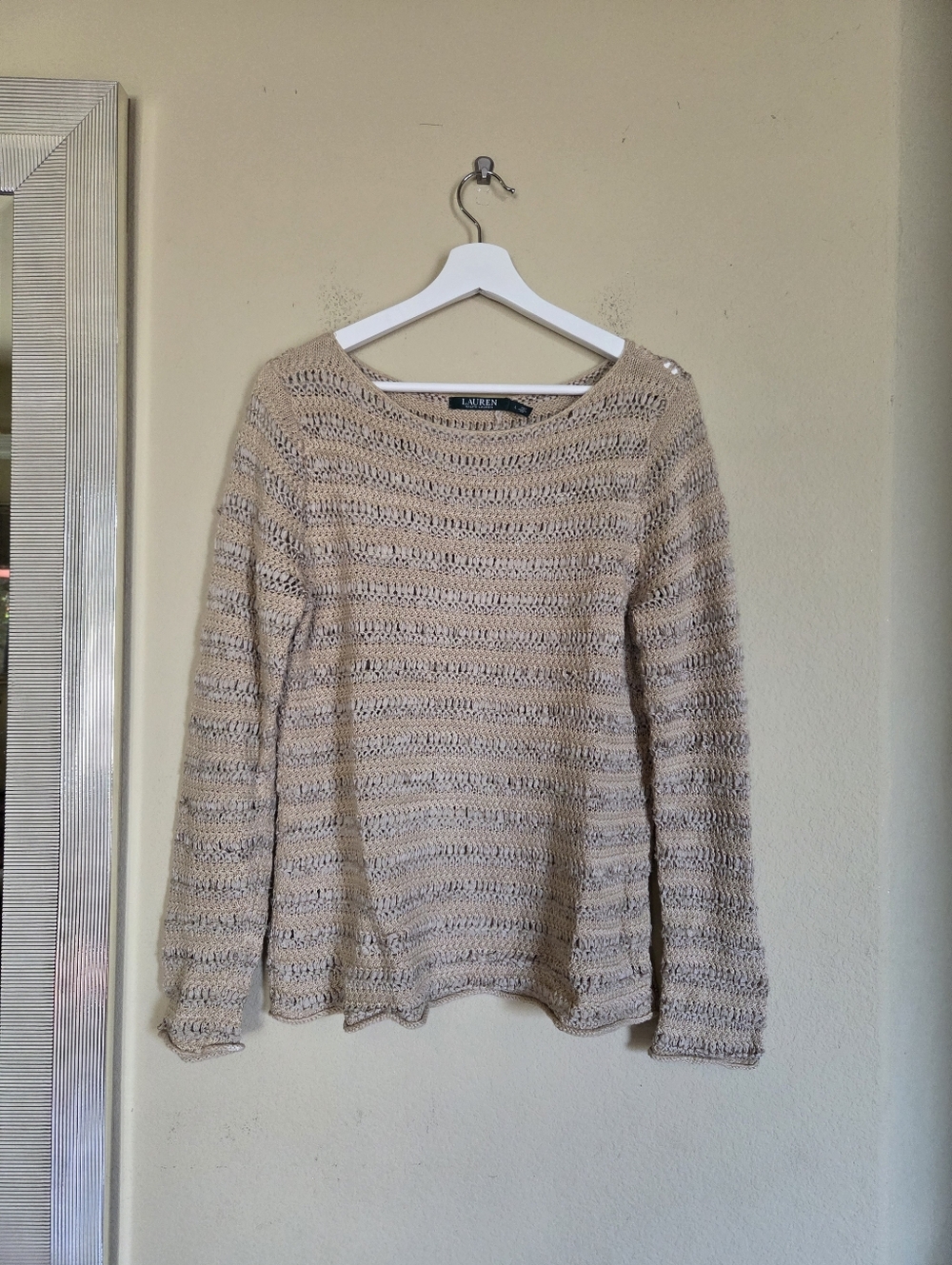 Lauren Ralph Lauren Beige Open-Knit Sweater Crochet Linen Blend